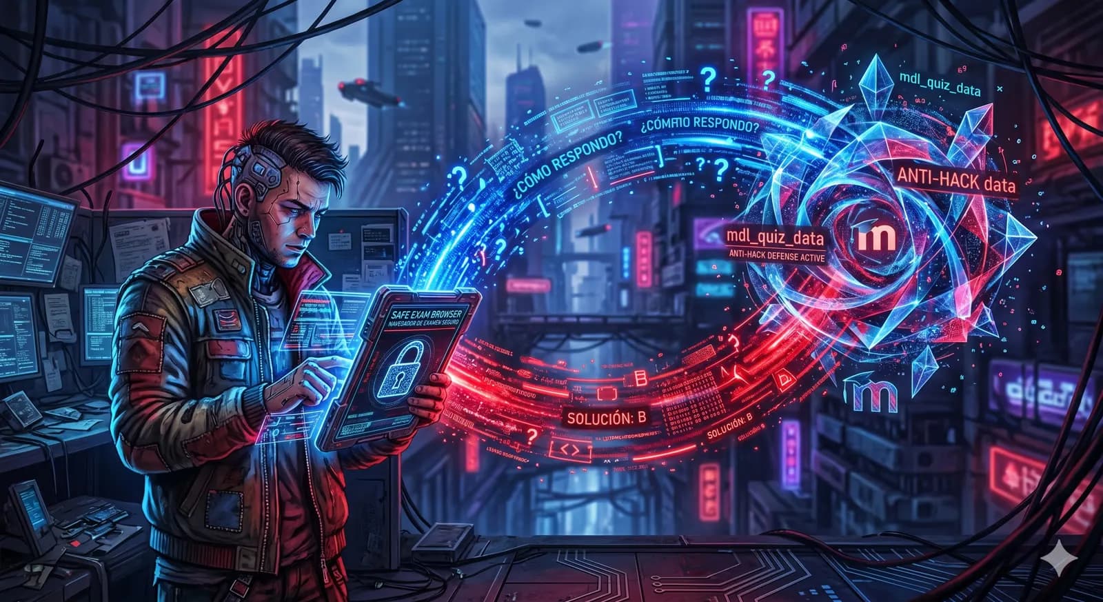 Un estudiante ante una pantalla con un examen rodeado de elementos de inteligencia artificial